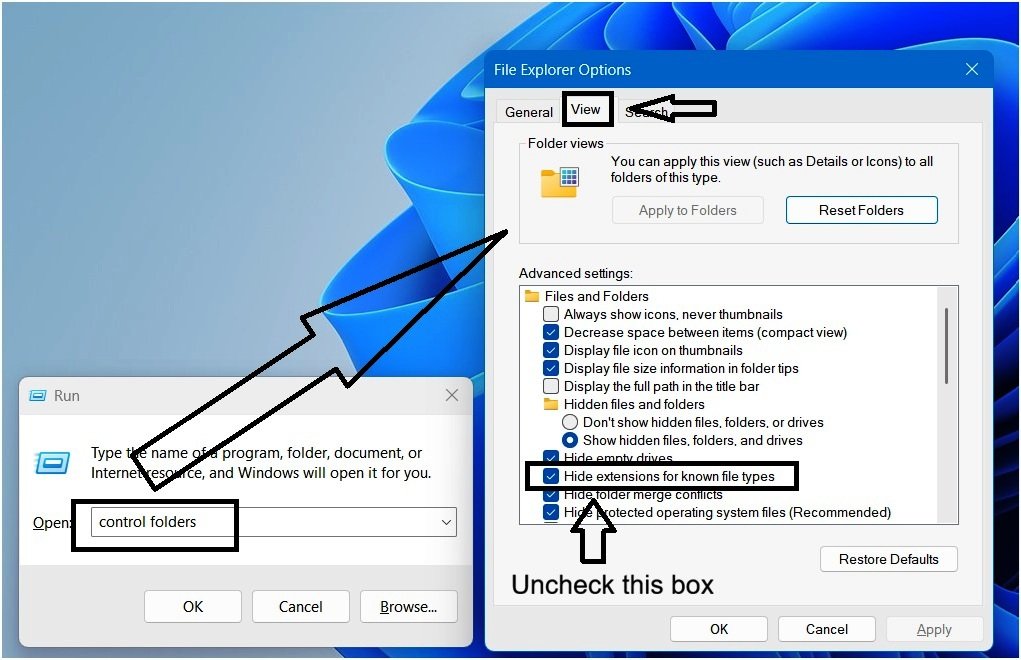 Accessing file extension settings in Windows 11 through the Run command