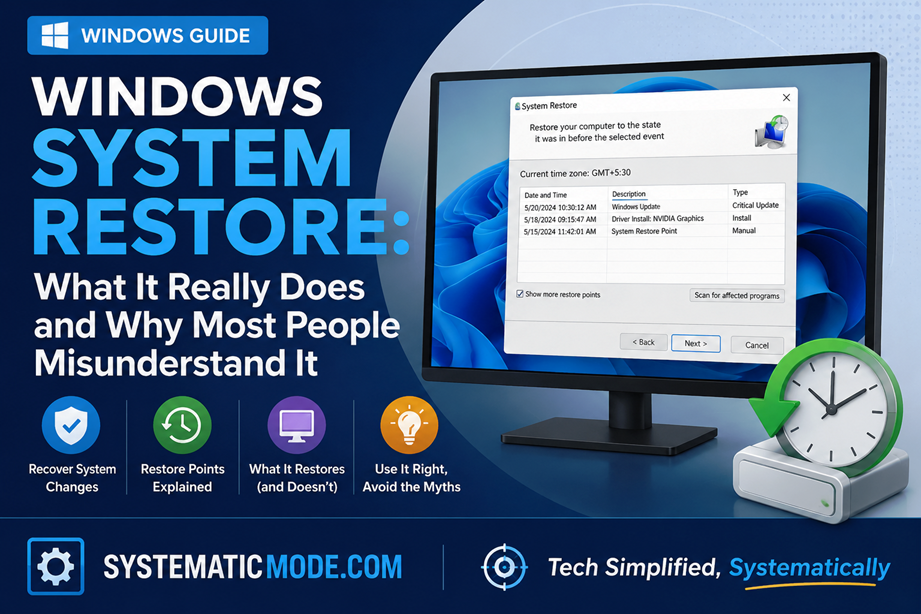 Windows System Restore feature showing a restore point and Windows recovery concept