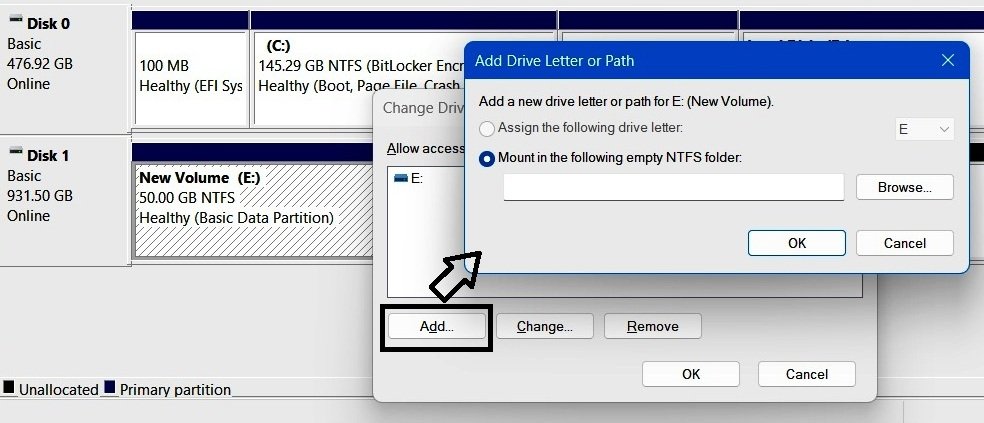 Add Drive Letter or Path dialog showing available mounting options.