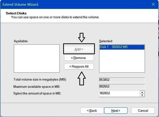 Extend Volume Wizard showing Add, Remove, Remove All options between two columns.