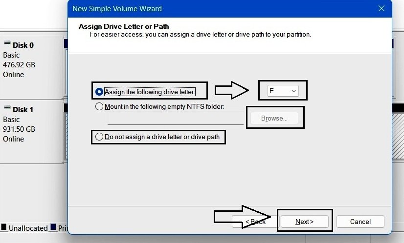 New Simple Volume Wizard Assign Drive Letter or Path screen showing drive letter, NTFS folder, and no-assignment options.