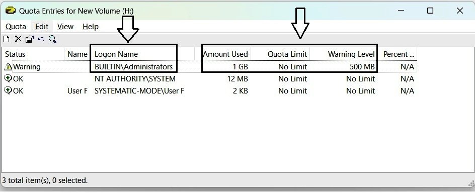 Quota Entries showing the administrative entry with Warning status after a 500 MB warning threshold was configured