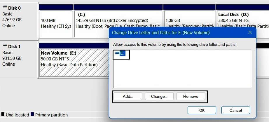 Disk Management window showing Add, Change, and Remove options for a drive letter.