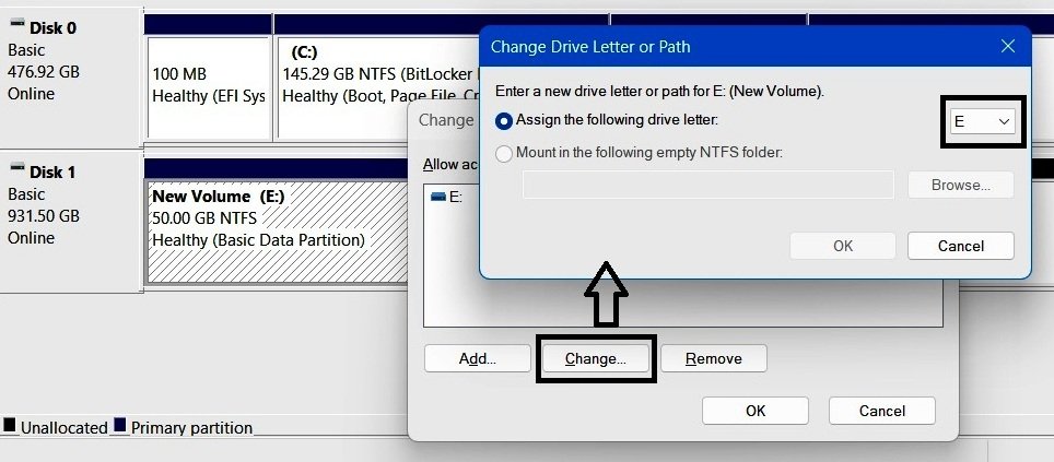 Drive letter selection window with drop-down list of available letters.