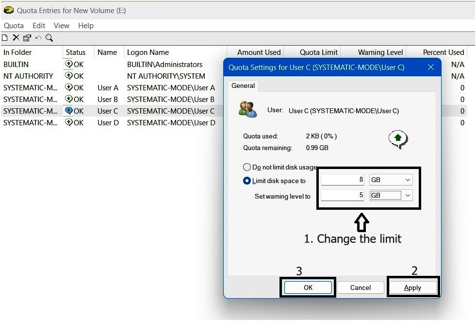 Quota properties for User C showing the current 1 GB quota and 500 MB warning level before they are changed to an 8 GB limit and 5 GB warning level.