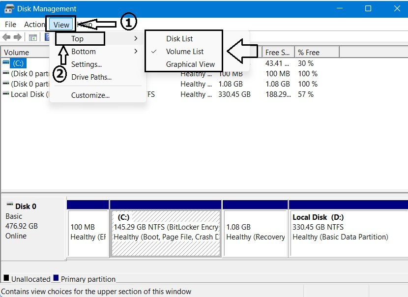 Disk Management View menu showing the Top submenu with Disk List, Volume List, and Graphical View options
