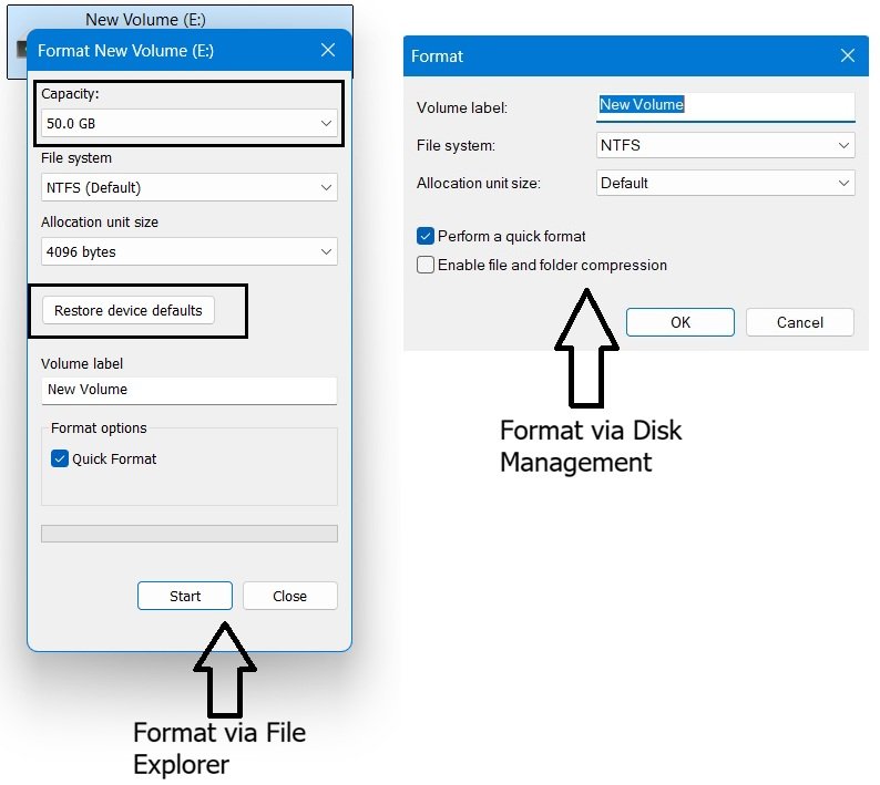 Side-by-side comparison of the Format dialog in Disk Management and File Explorer for the same volume.