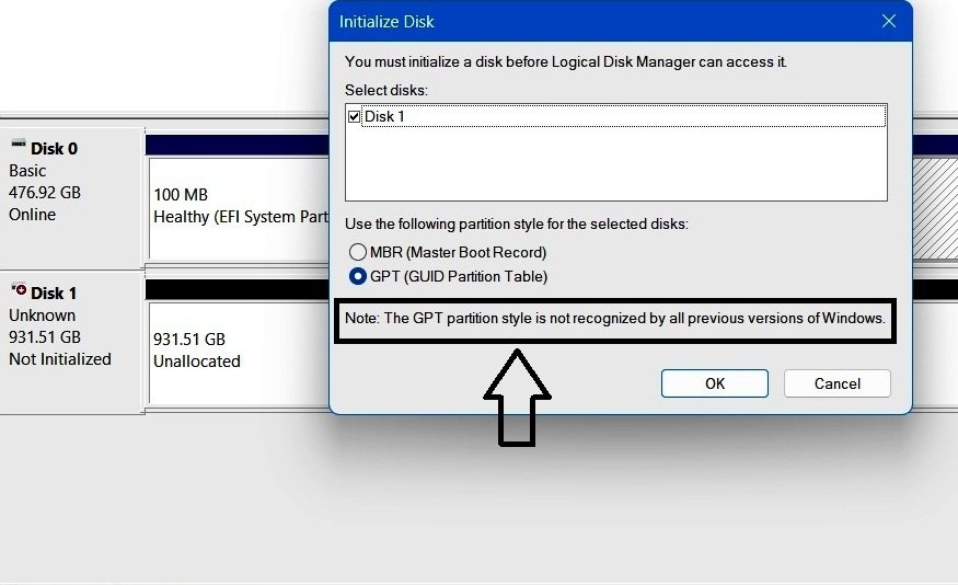 Initialize Disk dialog showing the compatibility warning note about GPT partition style.