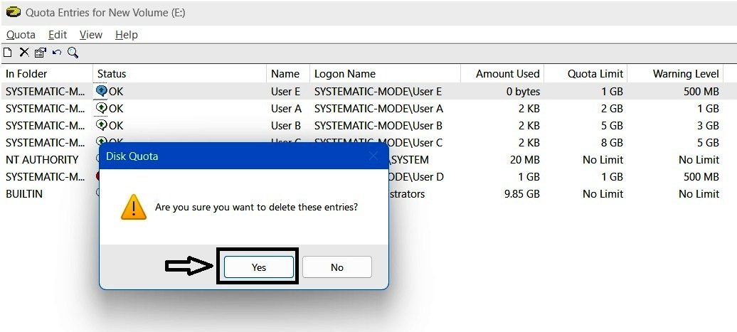 Windows confirmation dialog asking whether the selected quota entries should be deleted