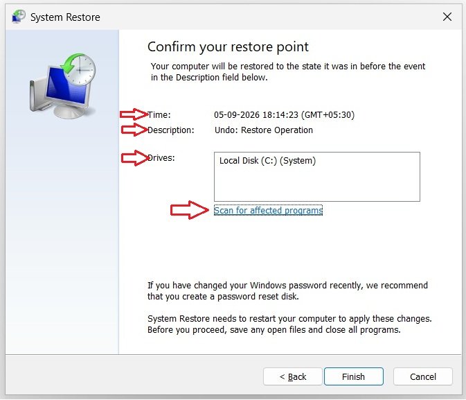 Windows 11 Confirm Your Restore Point screen showing time, description, and drive details before undoing a restore
