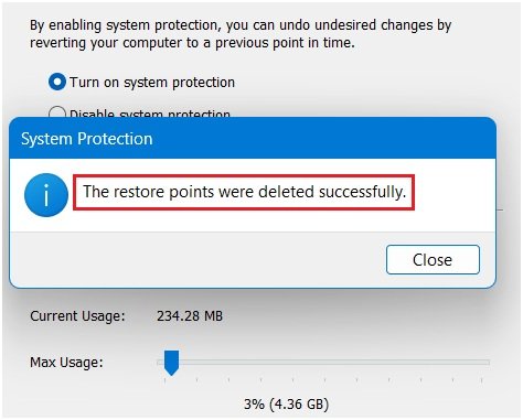 Windows 11 confirmation message stating restore points were deleted successfully