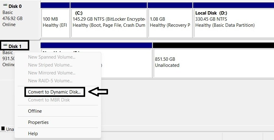 Disk Management right-click menu on Disk 1 showing Convert to Dynamic Disk as an available option.