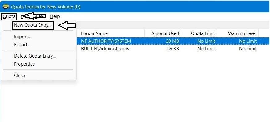 Quota Entries window with the New Quota Entry command highlighted in the Quota menu.