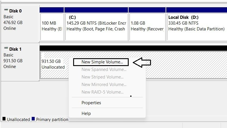 "Disk Management right-click menu on unallocated space showing New Simple Volume as the only enabled option.