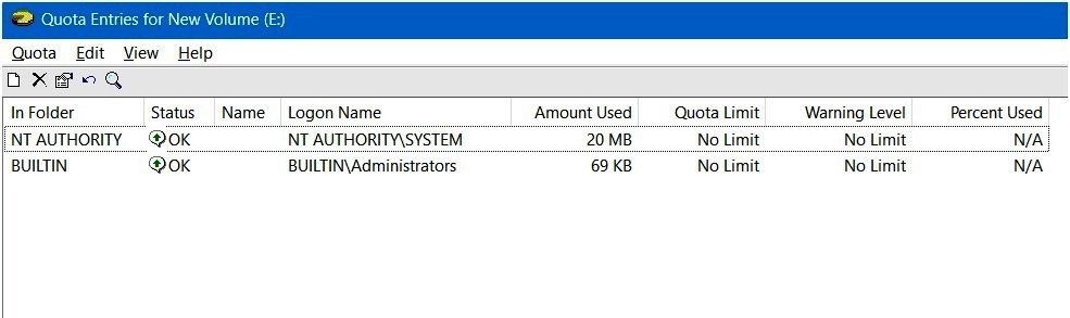 Quota Entries window showing the default administrative and system entries on a newly configured volume.