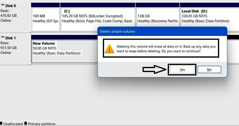 Disk Management warning dialog when deleting a volume.