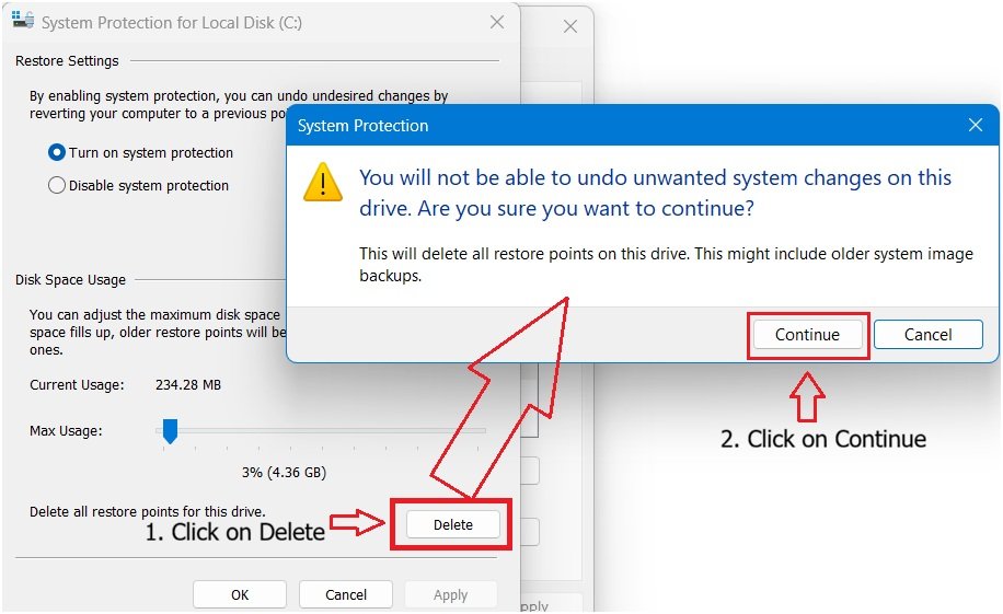 Windows 11 warning dialog confirming deletion of all restore points for a selected drive
