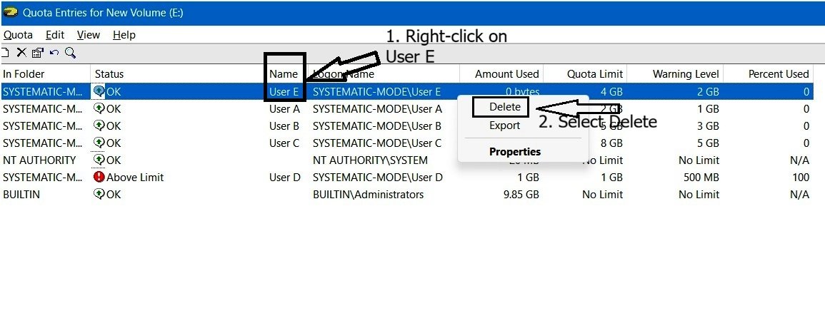 Quota Entries context menu with Delete selected for User E