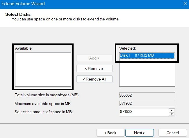 Extend Volume Wizard Select Disks screen showing only Disk 1 available, even though Disk 0 has unallocated space.