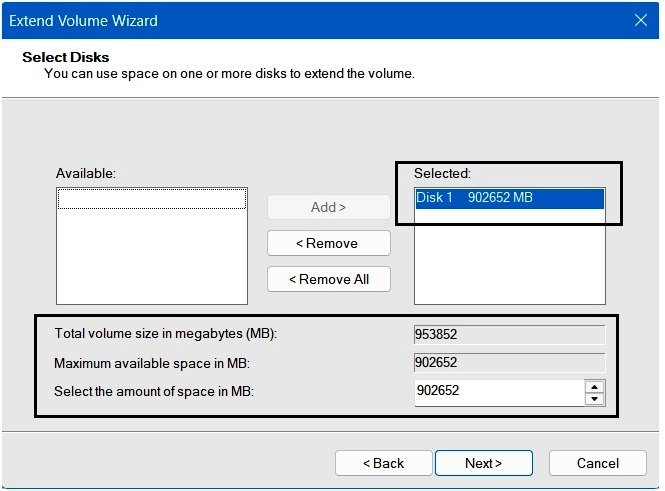 Extend Volume Wizard showing Disk 1 restored to the Selected column with the size input fields visible.