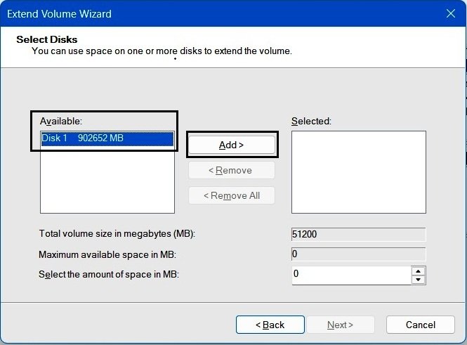 Extend Volume Wizard showing Disk 1 moved to the Available column after clicking Remove.
