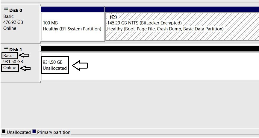 Disk Management showing Disk 1 as Basic and Online after initialization.