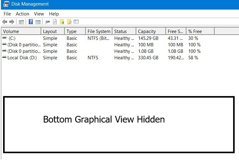 Disk Management with the Graphical View hidden, showing only the top List View.