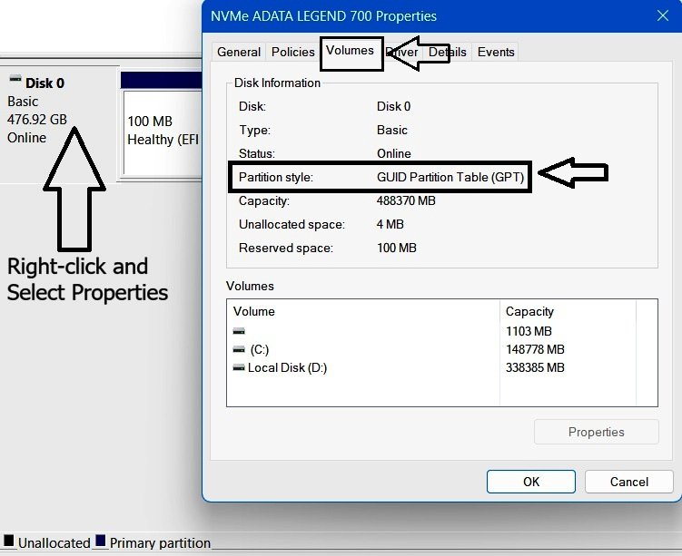Disk Properties showing the partition style set to GPT