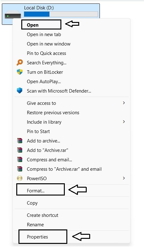 Windows 11 full drive context menu after clicking Show more options, with Open, Format, and Properties highlighted.