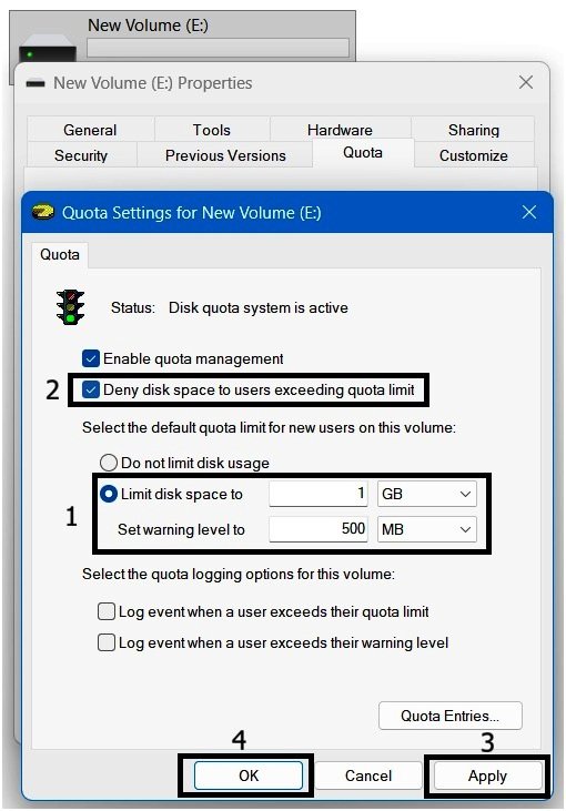 Quota Settings window showing a 1 GB quota limit, 500 MB warning level, and the Deny disk space to users exceeding quota limit option checked.