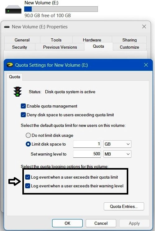 Quota Settings window showing a 1 GB default quota limit, 500 MB warning level, and both quota logging options enabled