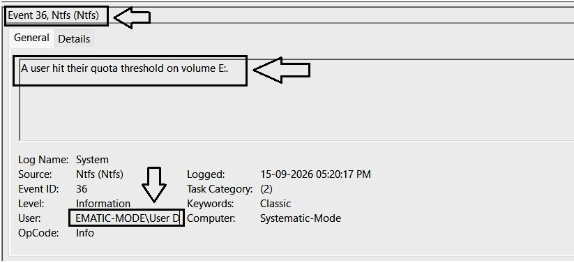 Event Viewer showing an NTFS event indicating that a user reached their quota warning threshold