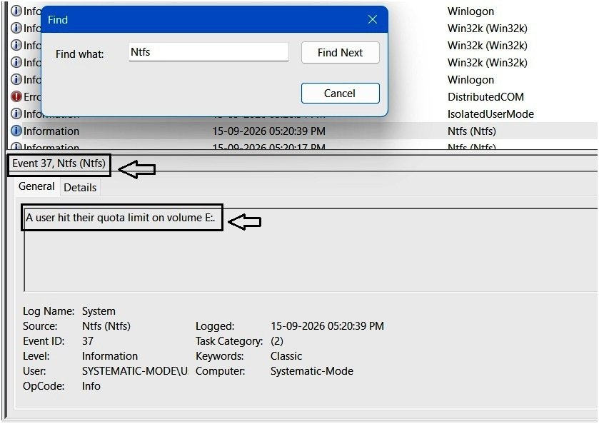 Event Viewer showing an NTFS event indicating that a user reached the quota limit