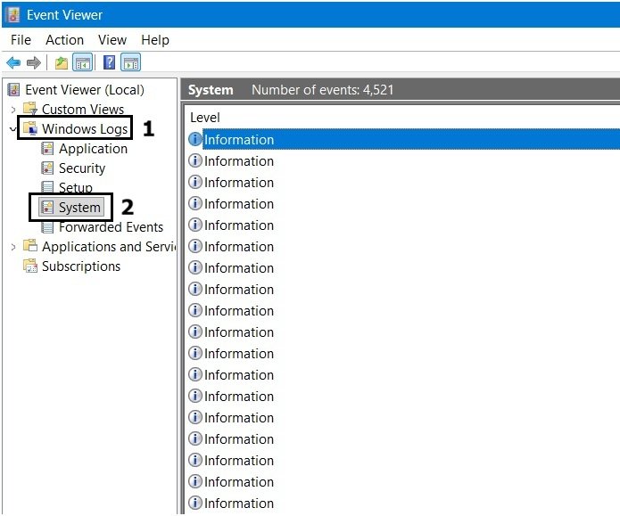 Event Viewer showing Windows Logs expanded with the System log selected