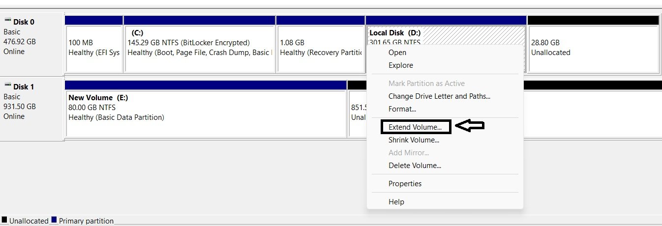 Disk Management right-click menu showing Extend Volume enabled on Volume D.