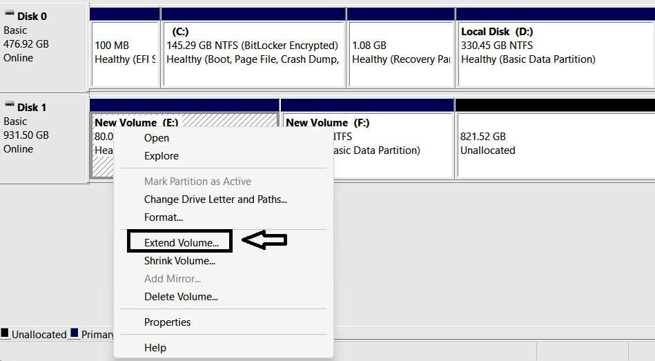 Disk Management right-click menu showing Extend Volume enabled on Volume E despite Volume F sitting between it and the unallocated space.