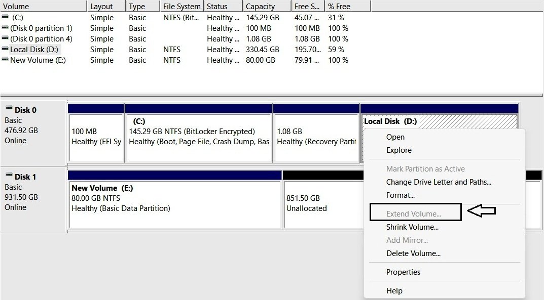 Disk Management right-click menu showing Extend Volume greyed out on Volume D with no unallocated space.