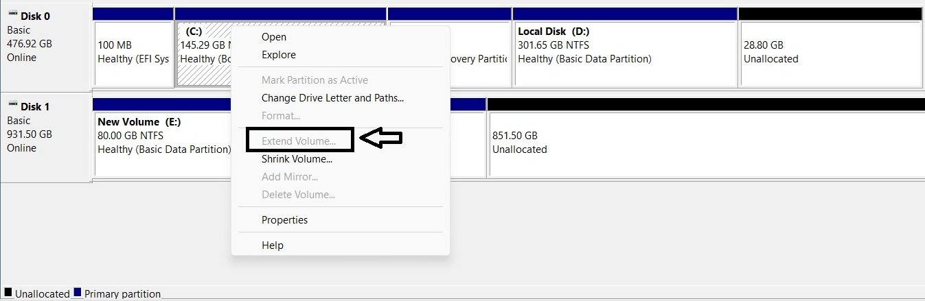 Disk Management right-click menu showing Extend Volume greyed out on Volume C even though unallocated space exists elsewhere on the disk.