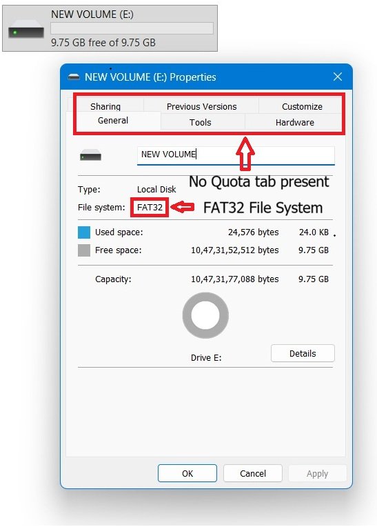 Windows 11 drive Properties General tab showing FAT32 file system, with no Quota tab available