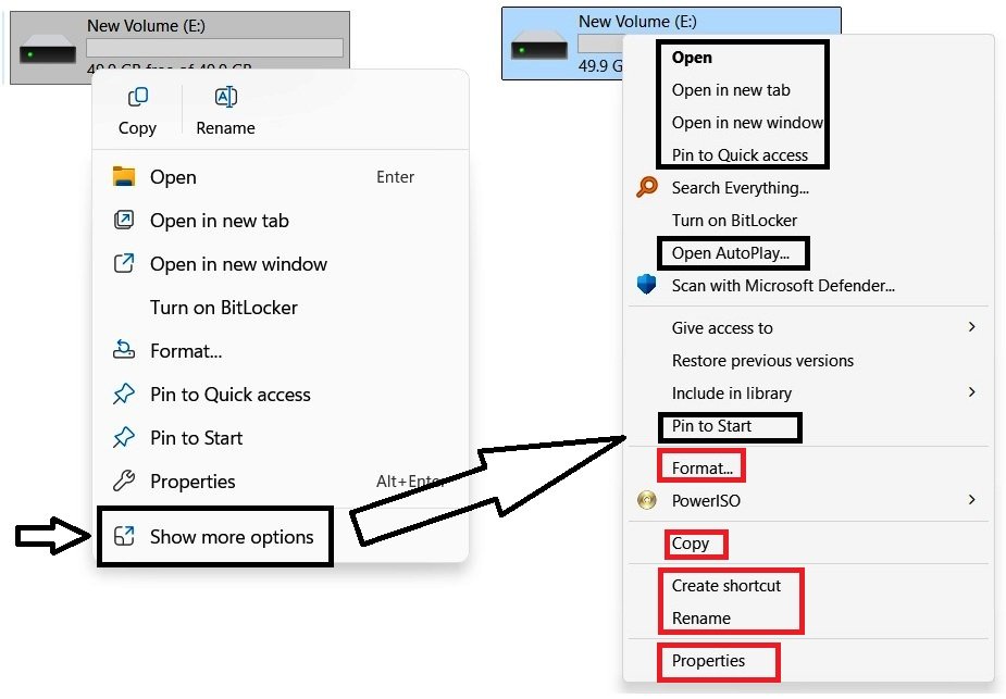 File Explorer right-click menu on the E drive showing the expanded list of management options.