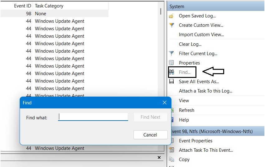 Event Viewer Find dialog opened from the System event log