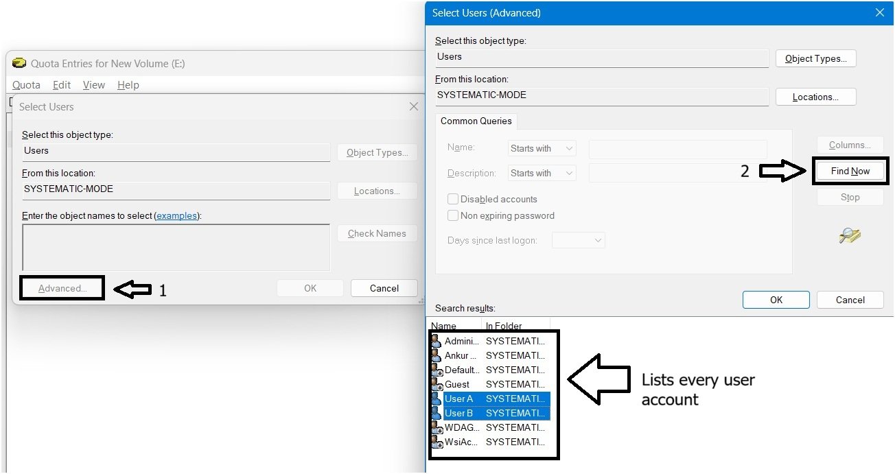 Select Users windows showing the Advanced option and the list of available user accounts.