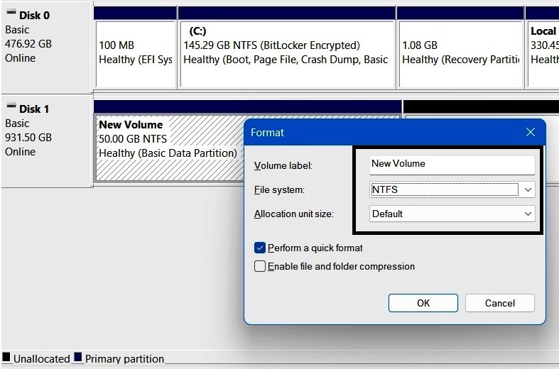 Disk Management Format dialog showing file system and formatting options.