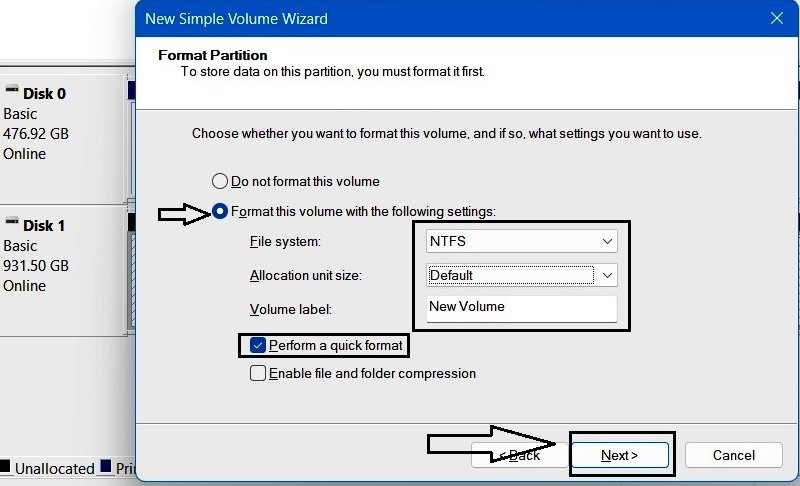 New Simple Volume Wizard Format Partition screen showing file system, allocation unit size, volume label, and format checkboxes.