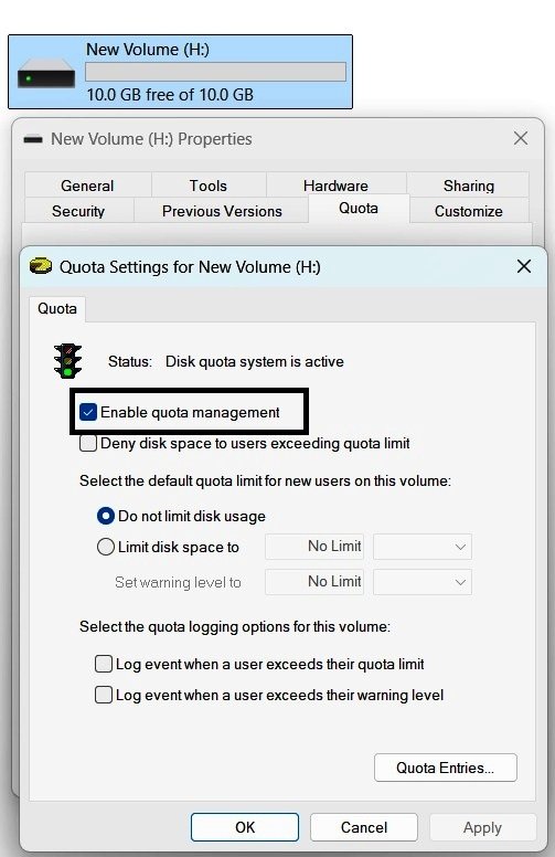 File Explorer showing a 10 GB NTFS volume with approximately 10 GB of free space