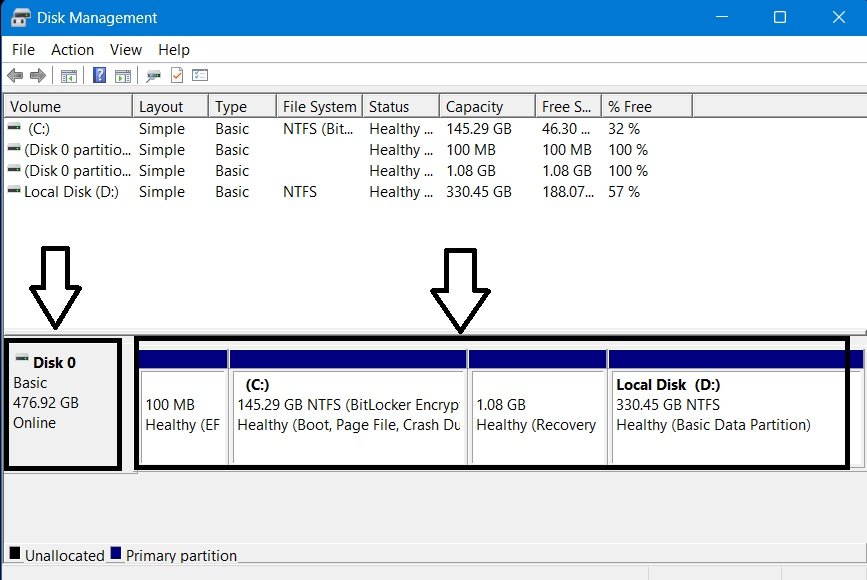 Disk Management graphical view showing Disk 0 with EFI System, C, D, and Recovery partitions.