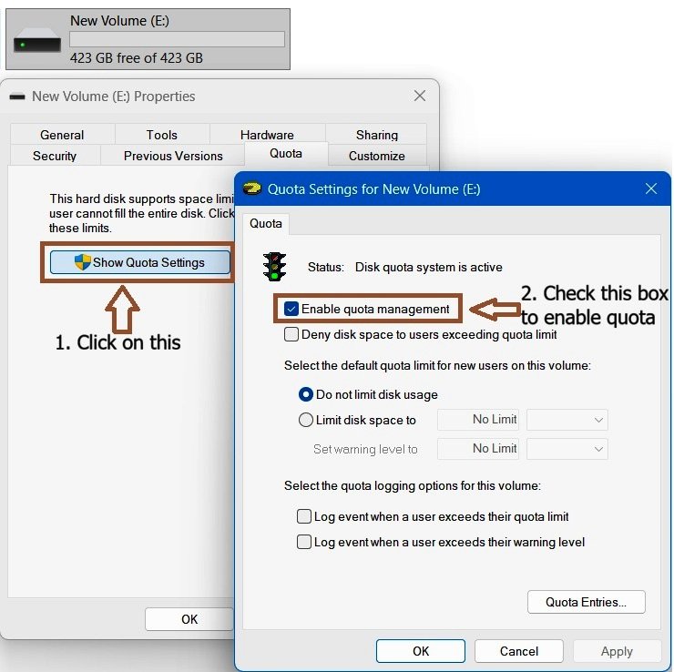Windows 11 Quota Settings window with Enable quota management selected
