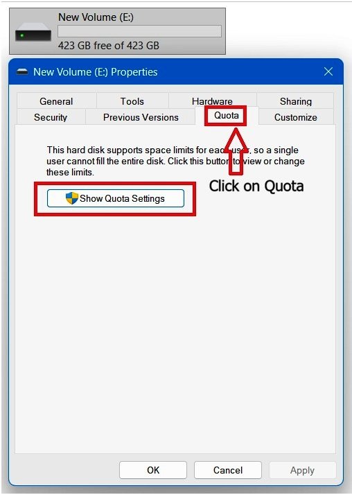Quota tab in drive Properties, highlighting the Show Quota Settings button