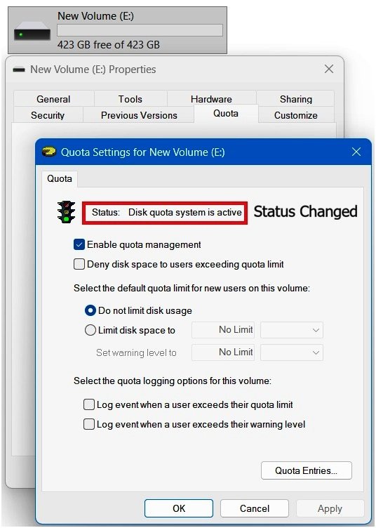 Windows 11 Quota Settings window showing the Disk quota system is active status