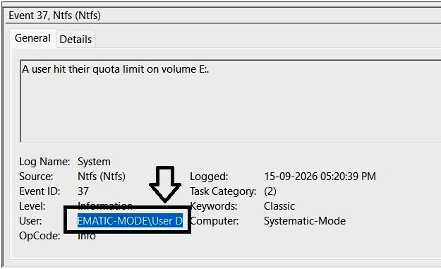 NTFS quota event details showing the User field containing the affected user account